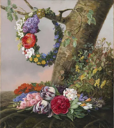 En Buket Blomster Ved Foden Af Et Træ. På En Gren Hænger En Blomsterkrans by Christine Løvmand, 1832 — digital art print…