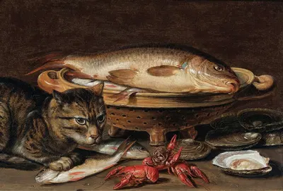 A Still Life With Fish In A Ceramic Collander, Oysters, Langoustines, Mackerel And A Cat On The Ledge Beneath by Клара…