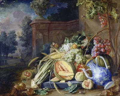 Still Life With Vegetables And Fruit Before A Garden Balustrade by Cornelis de Heem, 1658 — digital art print download