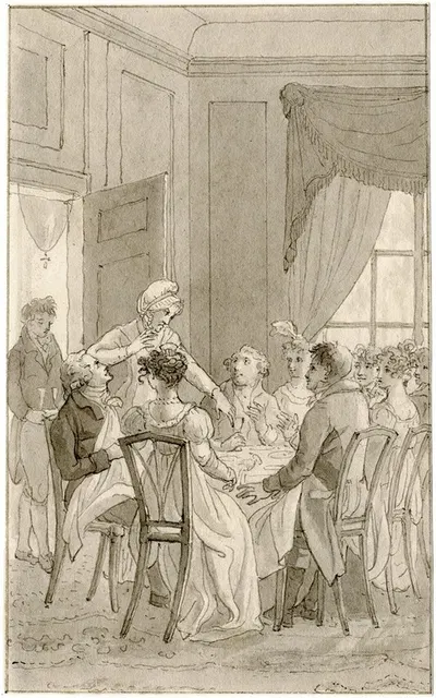 Vertoornde vrouw bij tafelend gezelschap: 'Zij vloog…' by Рейньер Винкелес — digital art print download
