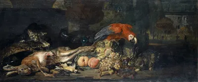 Still Life With Game And Fruits, Parrot, Rabbit And Cat by David de Coninck — digital art print download