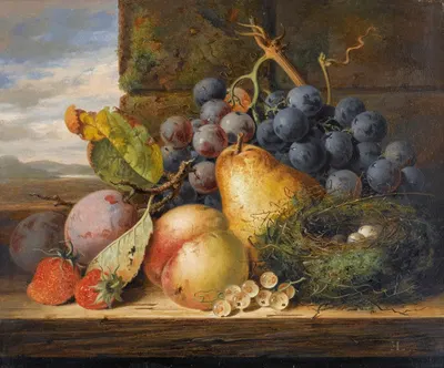 Still Life With A Bird's Nest, A Pear, A Peach, Grapes, Strawberries And Plums by Edward Ladell — digital art print download