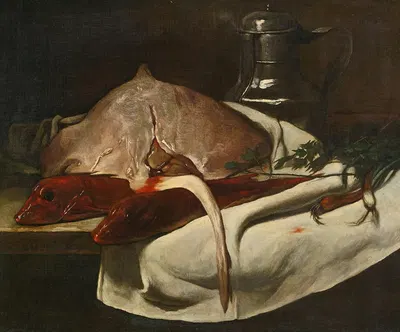 Still Life With Sting Ray And Red Mullets by Франсуа Бонвен, 1870 — digital art print download