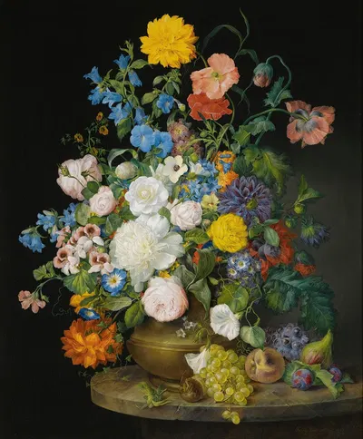 A Vase Of Camellias, Geraniums, Dahlias, A White Peony, Roses, Poppies And Other Flowers, With Fruit On A Stone Ledge by…