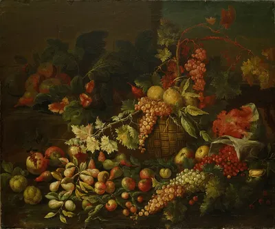 Still Life With Fruit Basket In Front Of A Wall by Giuseppe Ruoppolo — digital art print download