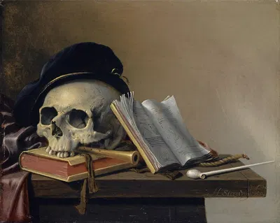 Still Life With Skull, Books, Flute And Pipe by Harmen Steenwyck, 1632–1660 — digital art print download