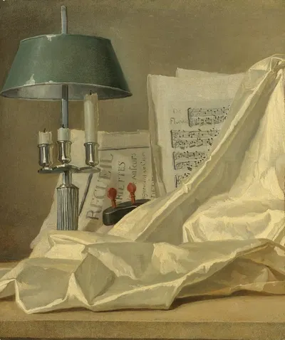 A Still Life With A Bouillette Lamp, A Sheet Of Music, A Violin Or A Cittern, And A White Satin Cloth On A Stone Ledge by…