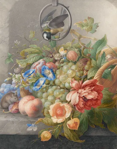 Still Life With Flowers, Fruit, A Great Tit And A Mouse by Herman Henstenburgh — digital art print download