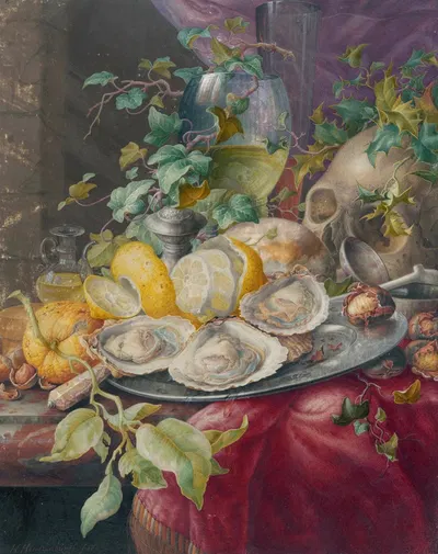 Vanitas Still Life With Oysters And Skull by Herman Henstenburgh, 1677 - 1726 — digital art print download
