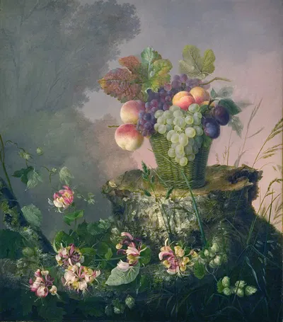 Blomsterkurv Med Frugt Ved En Træstub by Hermania Neergaard, 1814 – 1875 — digital art print download