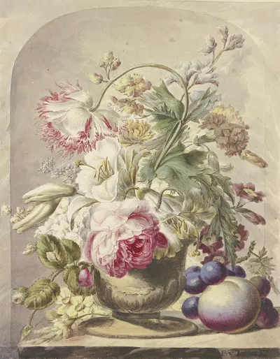 Bouquet In Einer Vase, Vorne Rechts Ein Pfirsich Und Einige Trauben by J. H. Van Loon — digital art print download
