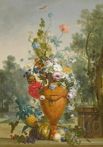 A Vase Of Peonies, Chrysanthemums And A Carnation With Exotic Fruits In A Garden by Jacobus Linthorst — digital art print…