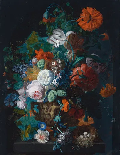 Still Life Of Roses, Tulips, Peonies And Other Flowers In A Sculpted Stone Vase, Together With A Bird's Nest On A Stone…