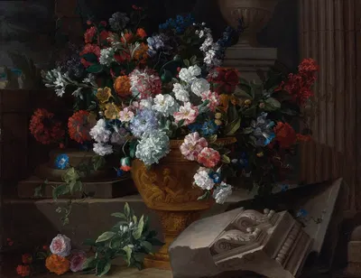 Still Life With Flowers In A Sculpted Urn With Architectural Fragments On A Terrace by Jean-Baptiste Monnoyer, 1696 —…