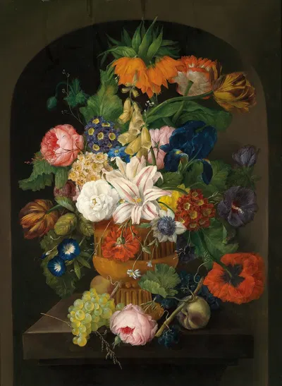 Still Life Of Flowers With Grapes by Иоганн Баптист Дрекслер — digital art print download