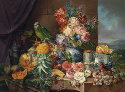 Stillleben Mit Früchten Blumen Und Papagei by Josef Schuster, 1836 — digital art print download