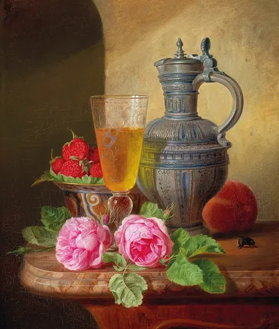 Still Life With Roses And Strawberries by Josef Schuster — digital art print download