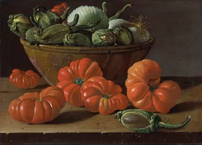 Still Life With Tomatoes, A Bowl Of Aubergines And Onions by Luis Meléndez — digital art print download