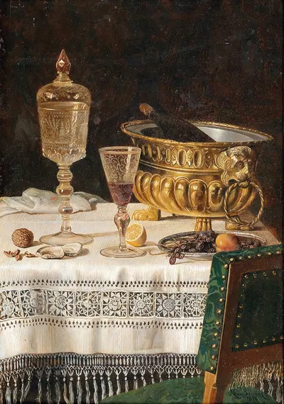 Still Life With Glass Cup And Champagne Cooler by Max Schödl — digital art print download