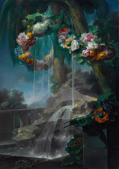An Outdoor Scene With A Spring Flowing Into A Pool, With Garlands Of Flowers And An Aqueduct Beyond by Miguel Parra Abril,…