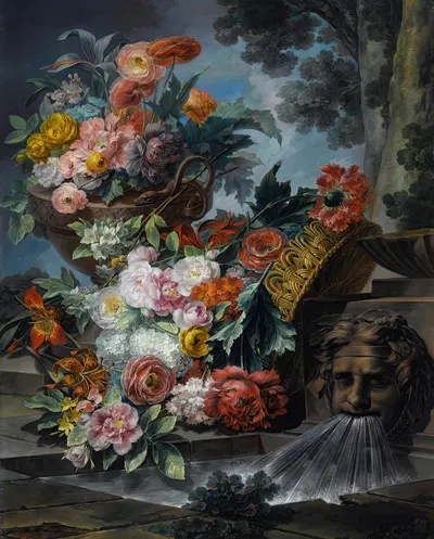 An Outdoor Scene With A Pool Of Water, A Basket And An Urn Filled With Carnations, Roses, Peonies, Lilies, Hydrangeas And…