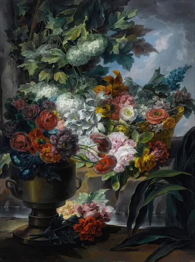 An Outdoor Scene With A Fountain, An Urn And A Basket Of Roses, Peonies, Poppies, Hydrangeas And Other Flowers by Miguel…