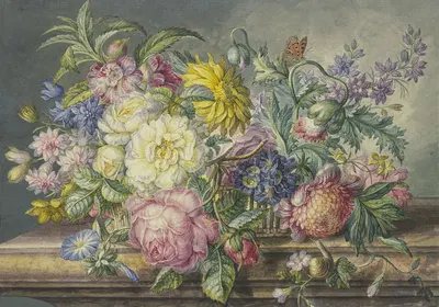 Blumenstrauß In Einem Korb, Dabei Eine Schnecke Und Ein Schmetterling by Oswald Wijnen — digital art print download