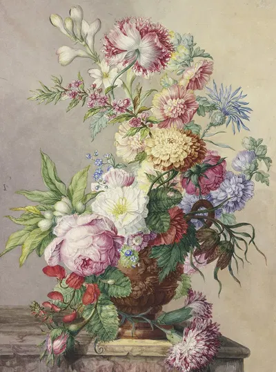 Blumenstrauß In Einer Vase Auf Einem Marmortisch by Oswald Wijnen — digital art print download
