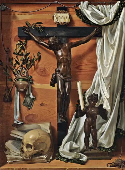 A Trompe L'oeil Vanitas Still Life With A Bronze Crucifix by Prospero Mallerini — digital art print download