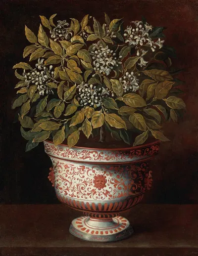 Terracotta Vase With An Orange Bush In Flower by Tomás Hiepes — digital art print download