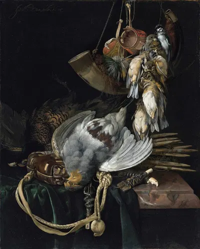 A Partridge, A Pheasant, A Hunting Bag And Traps On A Partially Draped Ledge, Songbirds, A Hunting Horn And Hawking Hoods…