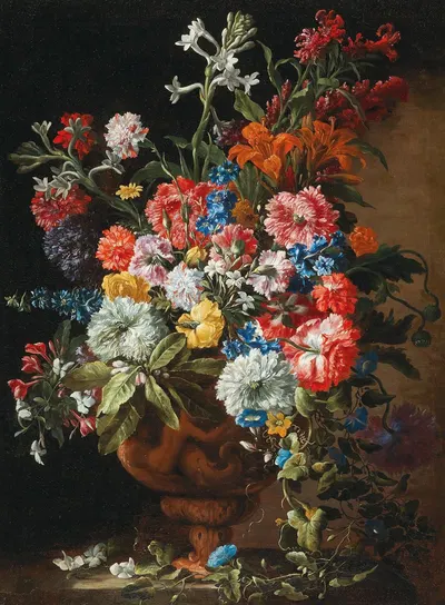 Carnations, lillies, nigellas and other flowers in a decorative terracotta vase on a stone ledge by Абрахам Брейгель —…