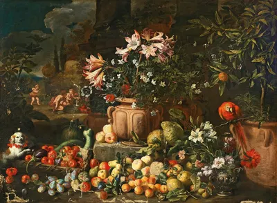 Still life of flowers with fruits, putti and animals by Абрахам Брейгель — digital art print download