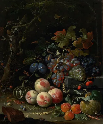 Still Life with Fruits, Foliage and Insects by Abraham Mignon, c. 1669 — digital art print download