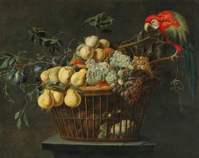 Still life of a basket of fruit with a parrot by Адриан ван Утрехт — digital art print download