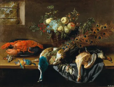 A still life with a peacock, fruit, a lobster and bird by Адриан ван Утрехт — digital art print download