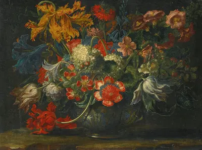 A Still Life Of Flowers In A Blue-And-White Porcelain Bowl, Resting On A Stone Ledge by Andrea Scacciati — digital art…