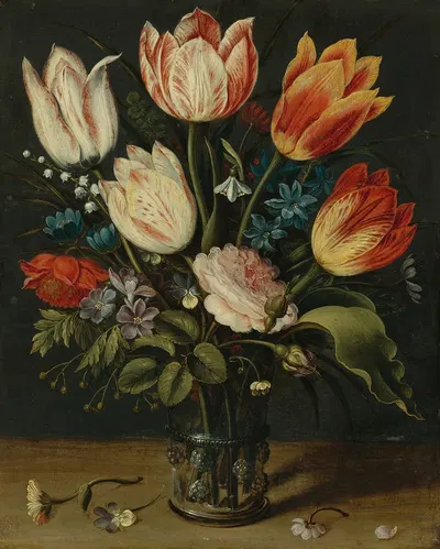 Still Life Of Tulips And Other Flowers In A Glass Vase by Andries Daniels — digital art print download