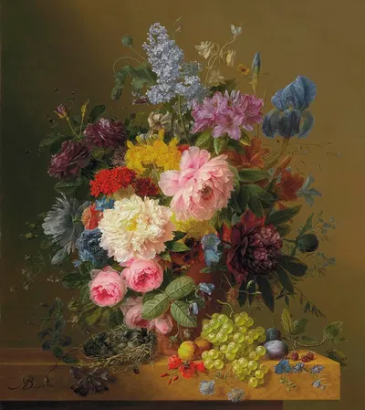 Peonies, Tulips, Roses, Irises and other Flowers with Fruit and a Bird's Nest on a Marble Ledge by Arnoldus Bloemers, 1840…