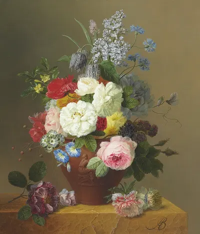 Roses, Poppies, Cornflowers, Convulvulus, Jasmine, Fritilleries, a Primula, a Peony, and Lilac in a terracotta Vase with a…