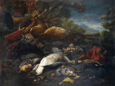 Still Life With Hunting Trophies And A Porcupine by Baldassarre De Caro — digital art print download