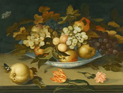 A Still Life With A Delft Bowl Containing Fruit, On A Ledge With Flowers, Insects And A Lizard by Balthasar van der Ast —…