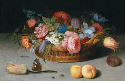 Roses, tulips, irises and other flowers in a wicker basket, with fruit and insects on a ledge by Balthasar van der Ast —…