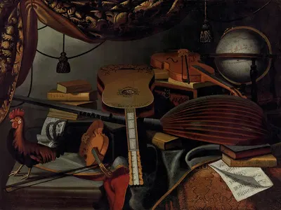 Musical instruments, books, music scores, a globe and a rooster on a table draped with a carpet by Bartolomeo Bettera —…