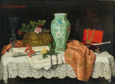 A Still Life with Music Sheets, a Jewellery Box and an Asian Vase by Camilla Friedländer — digital art print download