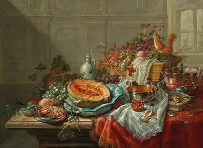 Porcelain, silver objects, fruit and shellfish on a table by Dominicus Gottfried Waerdigh, 1777 — digital art print download