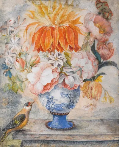 Still Life Of Flowers In A Blue Decorative Vase With A Bird Perched Beside On A Ledge by Голландская школа — digital art…