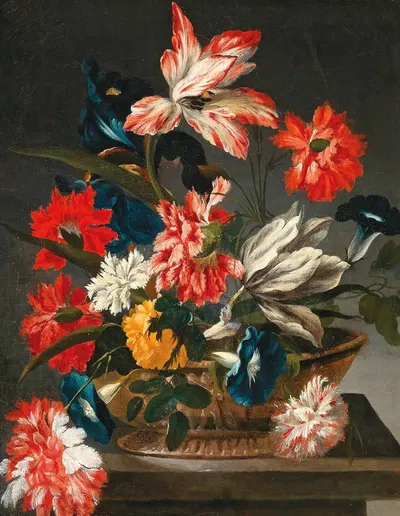 Flowers in a decorative vase on a stone ledge by Francesco Caldei — digital art print download