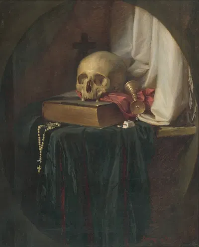 Still life with a skull and a book by Гюла Бенцур, 1860 — digital art print download