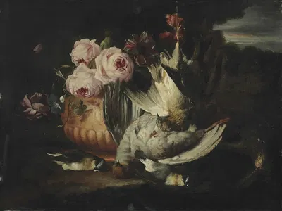Flowers in a terracotta vase with dead game by Franz Werner von Tamm — digital art print download